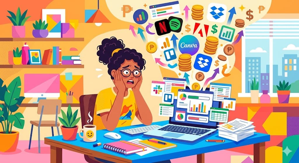 A marketing staff member in a Philippine SME office juggling multiple SaaS subscription tabs on a laptop