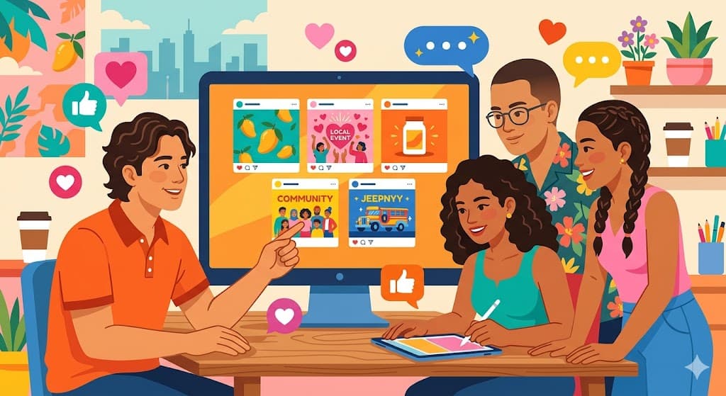 A small Philippine marketing team reviewing AI-generated Taglish social posts on a shared screen