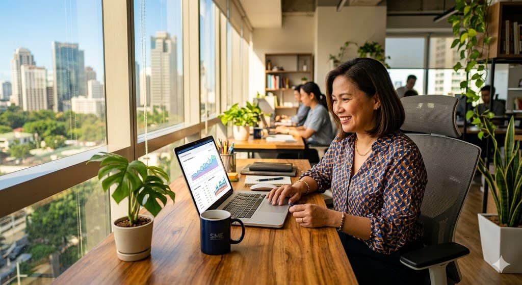 Philippine SME owner reviewing Google search rankings on a laptop in a Makati office