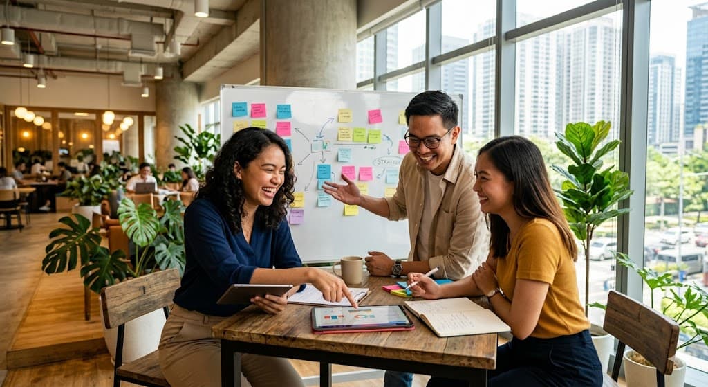 Marketing team planning an SEO content roadmap with AI keyword research tools