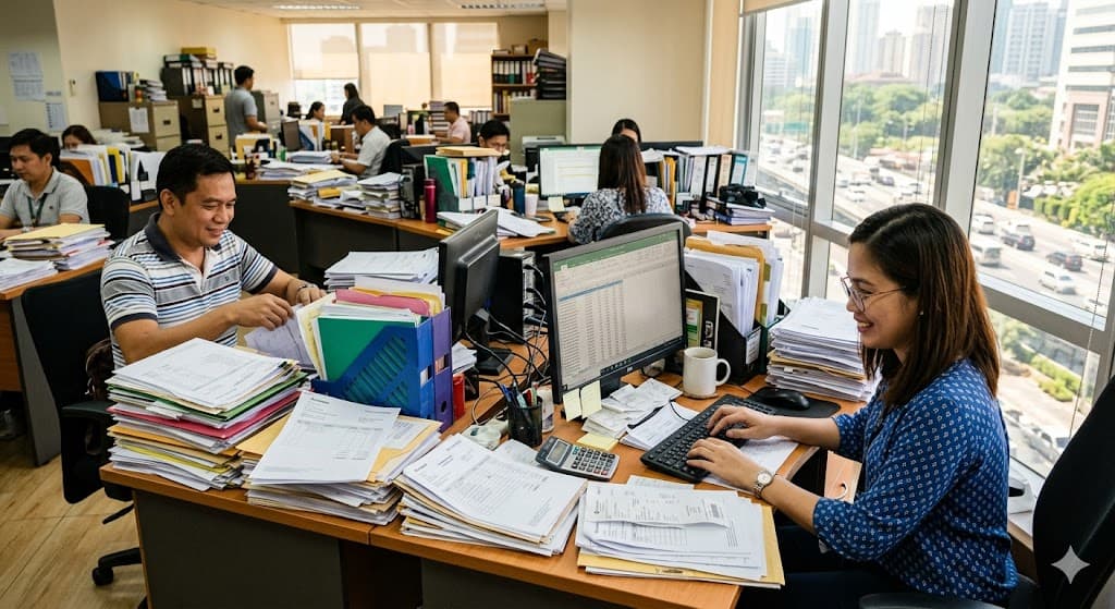 Philippine SME office staff handling stacks of paperwork and manual data entry