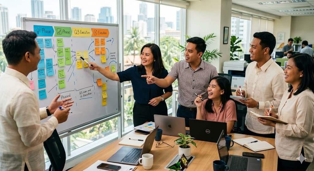 Business team reviewing AI implementation roadmap on a whiteboard during weekly meeting
