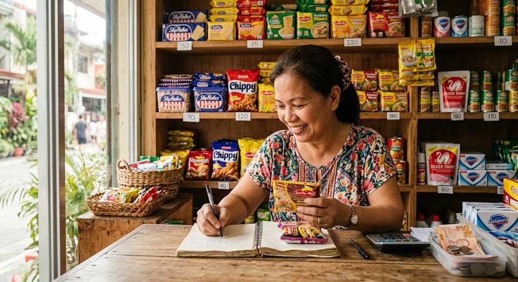 Filipino small business owner tracking inventory by hand in a small shop