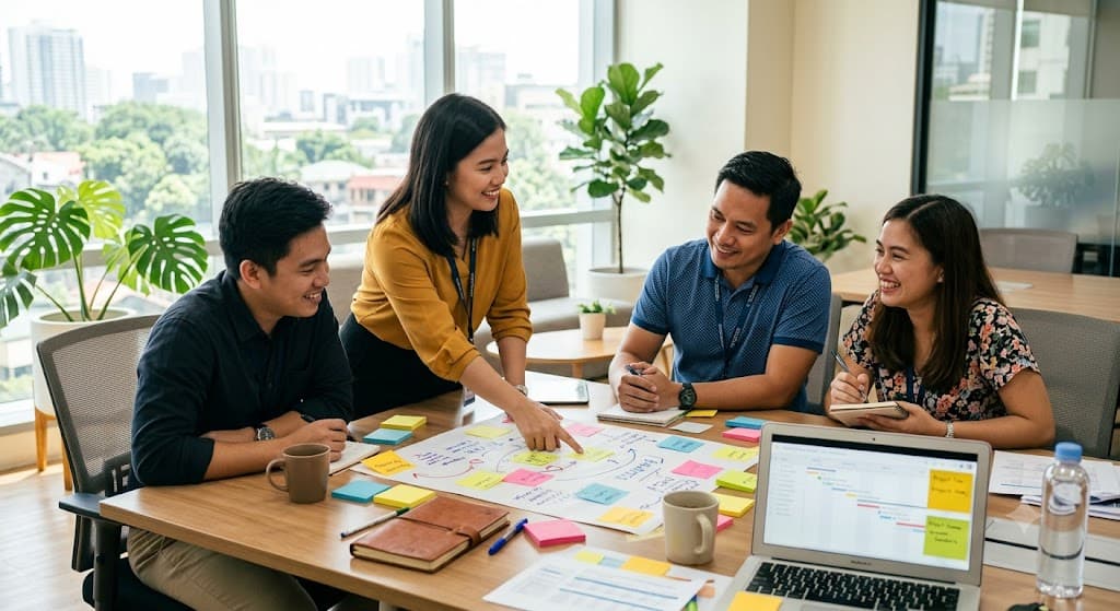 Business team planning a phased AI rollout with notes and a laptop