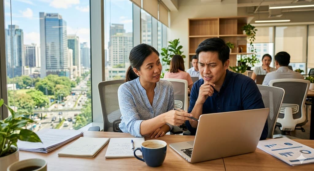 Filipino SME staff in a Makati office reviewing results from a generic AI subscription tool on a laptop