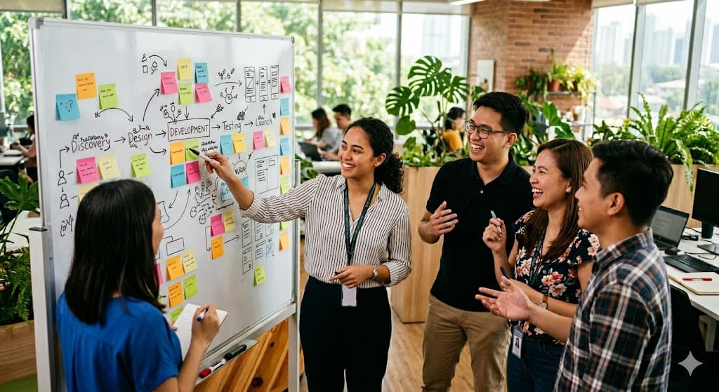 Development team planning a phased AI build with progress notes and specification documents on a whiteboard