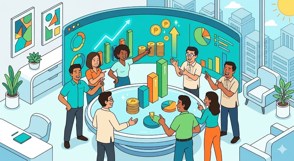Filipino business team reviewing ROI dashboard and cost savings report