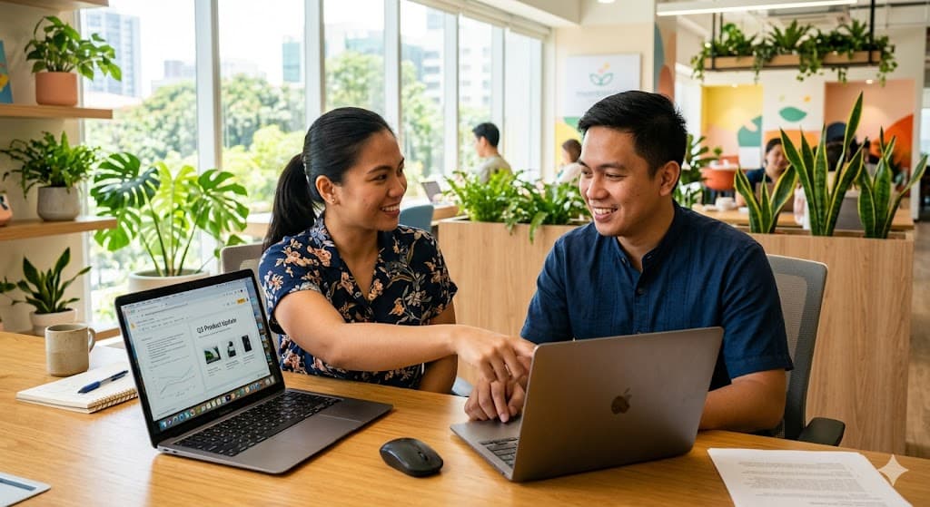 Office staff at a Philippine company reviewing internal documents on a laptop