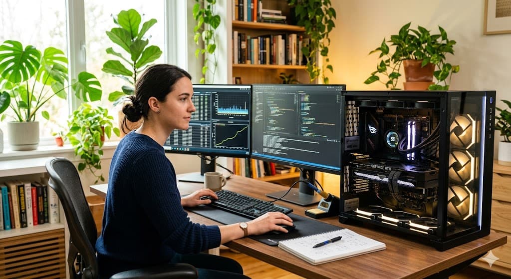 Engineer running an AI fine-tuning job on a single GPU workstation