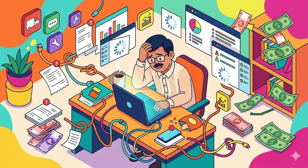 Philippine SME owner reviewing scattered vendor invoices and software dashboards on a laptop
