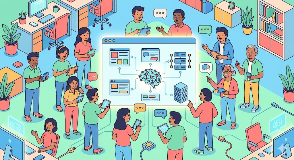 Integrated AI and web development team collaborating around a single project dashboard