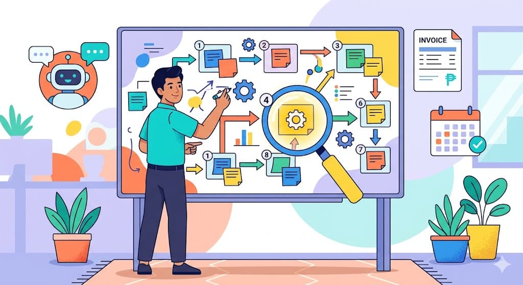Business analyst mapping workflow priorities on a whiteboard for an AI pilot project