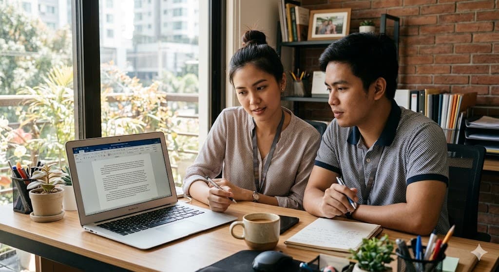 Filipino office staff reviewing AI-generated text on a laptop in a small business setting