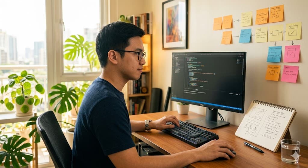 Developer at a workstation training an AI model adapter step by step