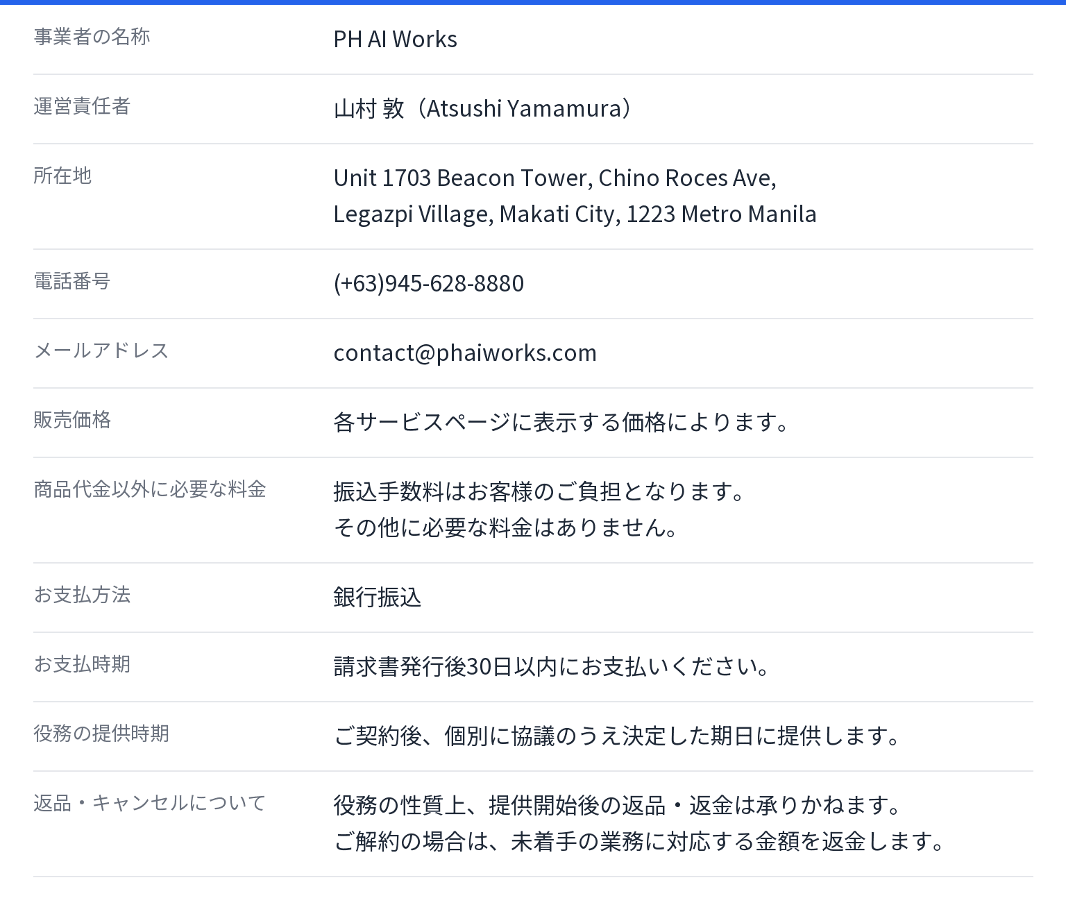 PH AI Worksの特定商取引法に基づく表記。運営責任者 山村 敦、所在地 Unit 1703 Beacon Tower, Chino Roces Ave, Legazpi Village, Makati City, 1223 Metro Manila、電話番号 (+63)945-628-8880、メールアドレス contact@phaiworks.com