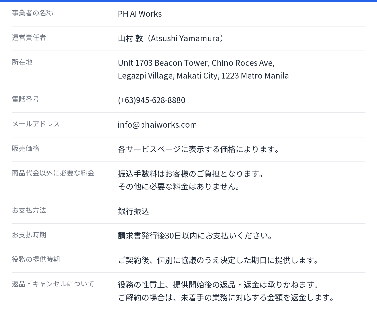 PH AI Worksの特定商取引法に基づく表記。運営責任者 山村 敦、所在地 Unit 1703 Beacon Tower, Chino Roces Ave, Legazpi Village, Makati City, 1223 Metro Manila、電話番号 (+63)945-628-8880、メールアドレス info@phaiworks.com