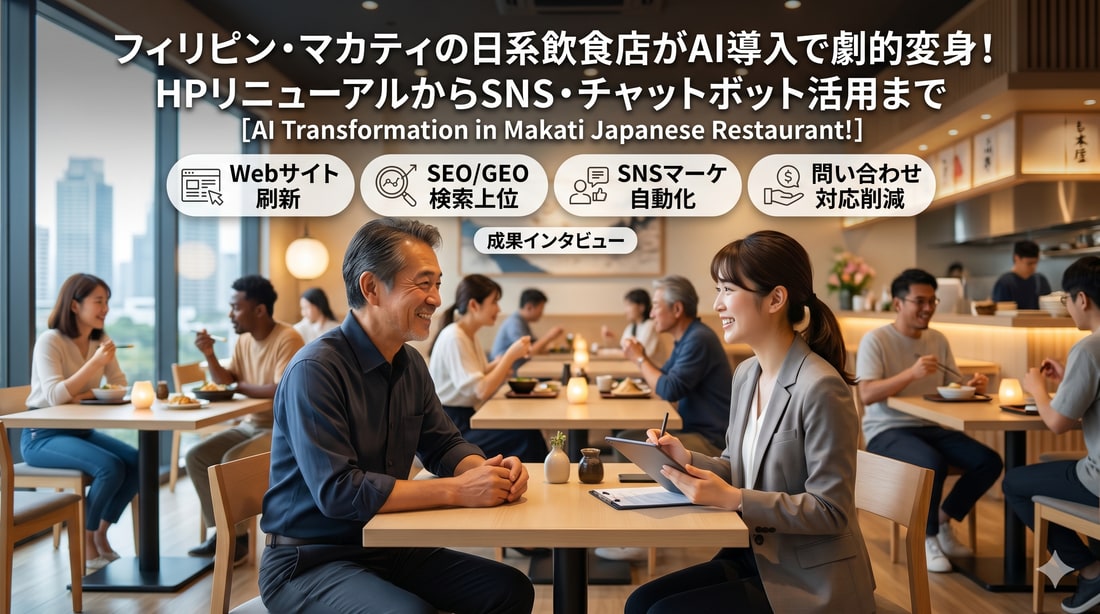 マカティの日系飲食店がAI導入で変身したことを伝えるバナー。Webサイト刷新・SEO/GEO検索上位・SNSマーケ自動化・問い合わせ対応削減のアイコンと、明るい和食店でタブレットを手にした日本人スタッフがオーナーと打ち合わせする様子