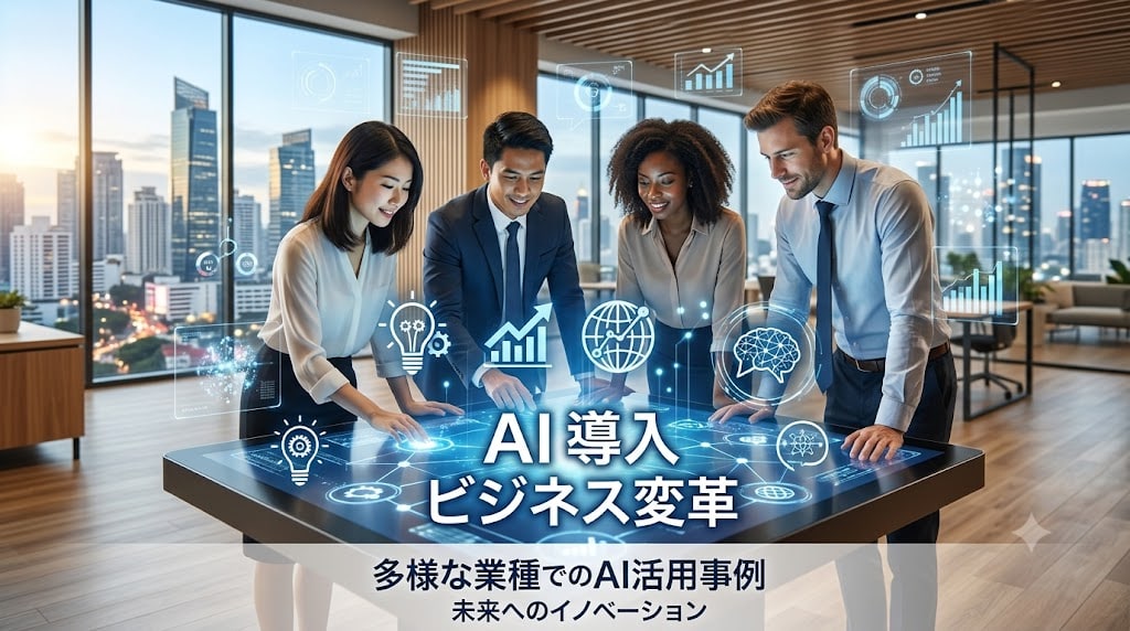 「AI導入でビジネス変革」のバナー。多様な業種でのAI活用事例を表し、オフィスでビジネスパーソンたちがAI・データのホログラムが浮かぶインタラクティブテーブルを囲む様子。背景に都市のスカイライン